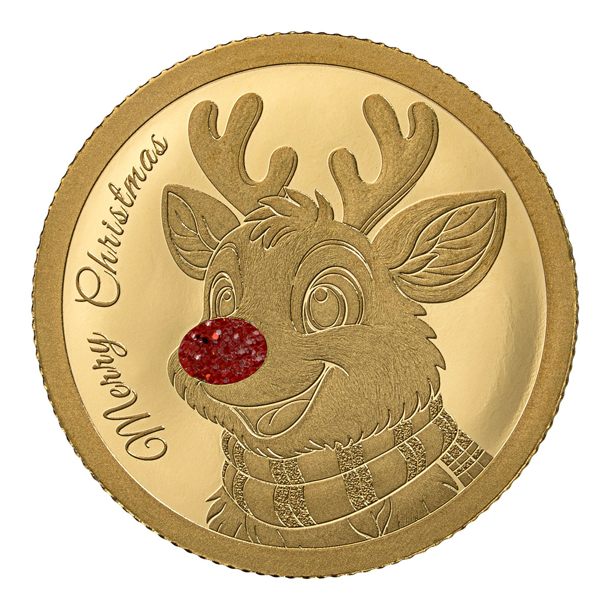 Weihnachtsgoldmünze Rudolph mit Rubinstaub