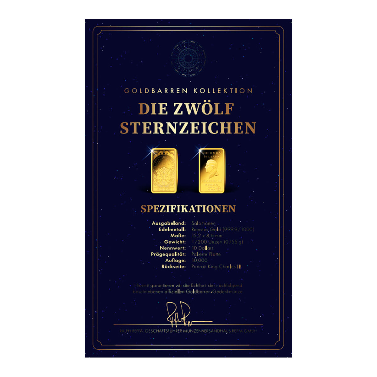 Goldbarren Sternzeichen Zwillinge mit Zertifikat