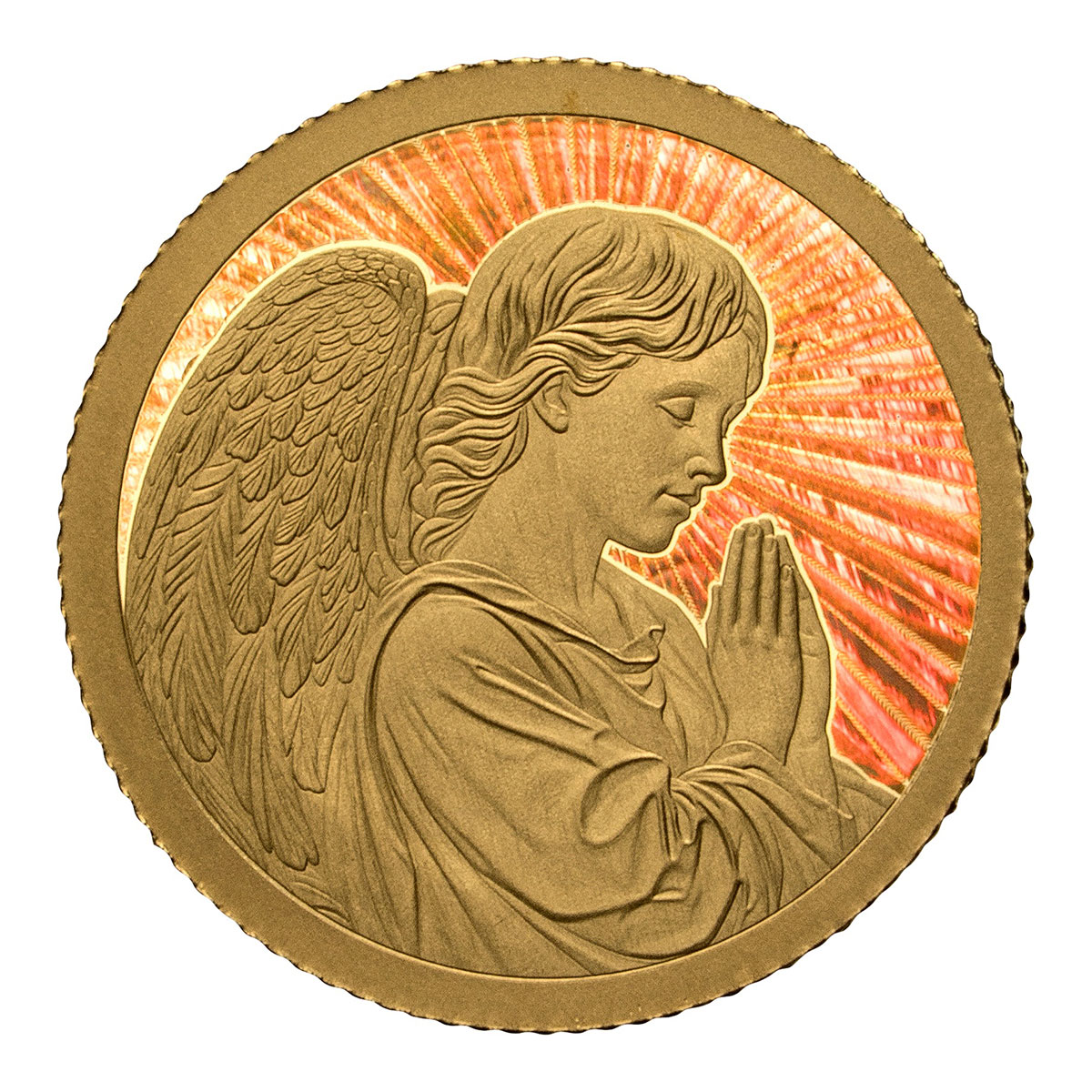 Goldmünze Engel mit Regenbogeneffekt im roten Samtsäckchen