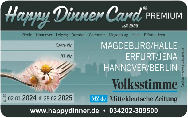 Happy Dinner Card - Region Magdeburg, Berlin, Hannover, Halle, Leipzig, Dresden, Chemnitz, Erfurt, Jena