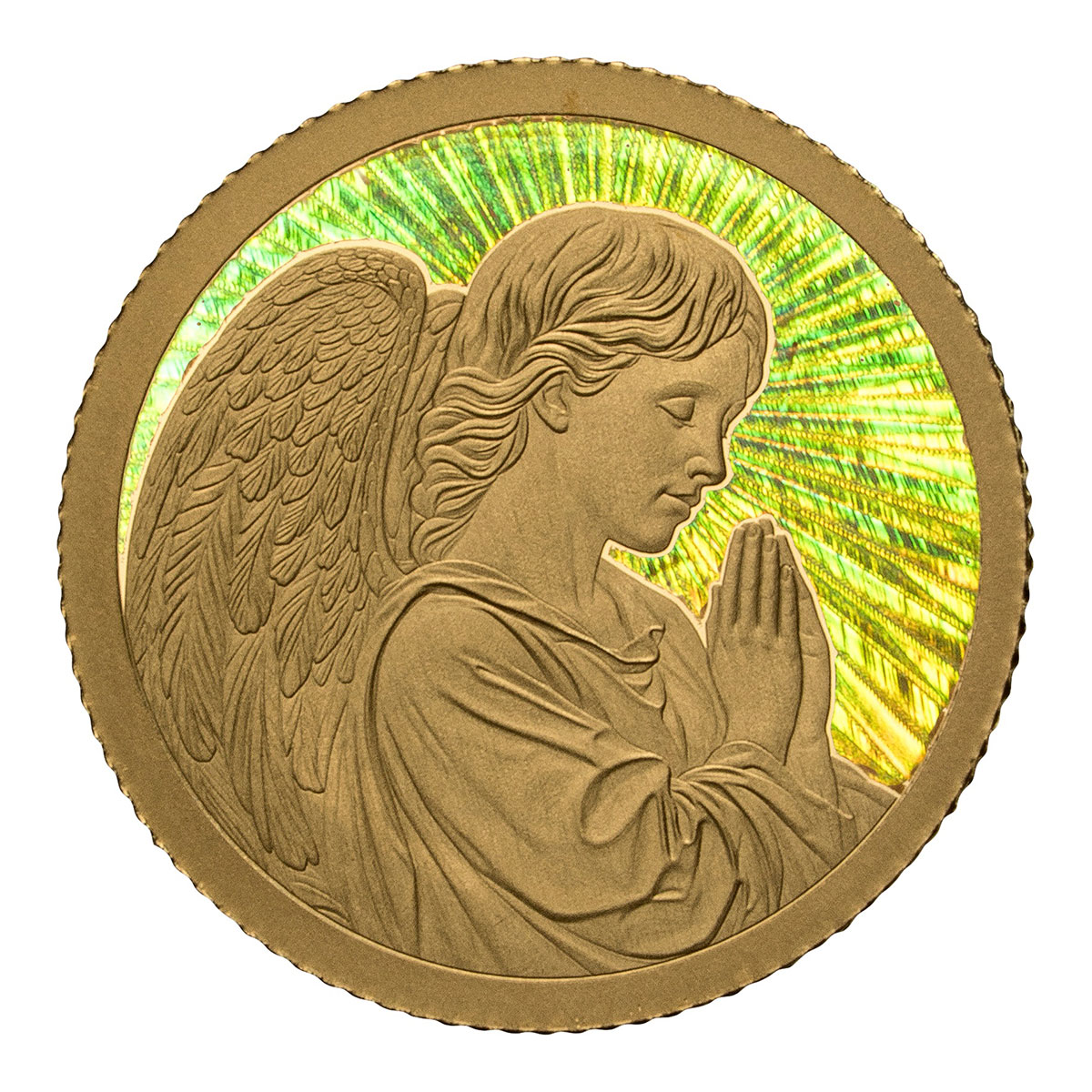 Goldmünze Engel mit Regenbogeneffekt im roten Samtsäckchen