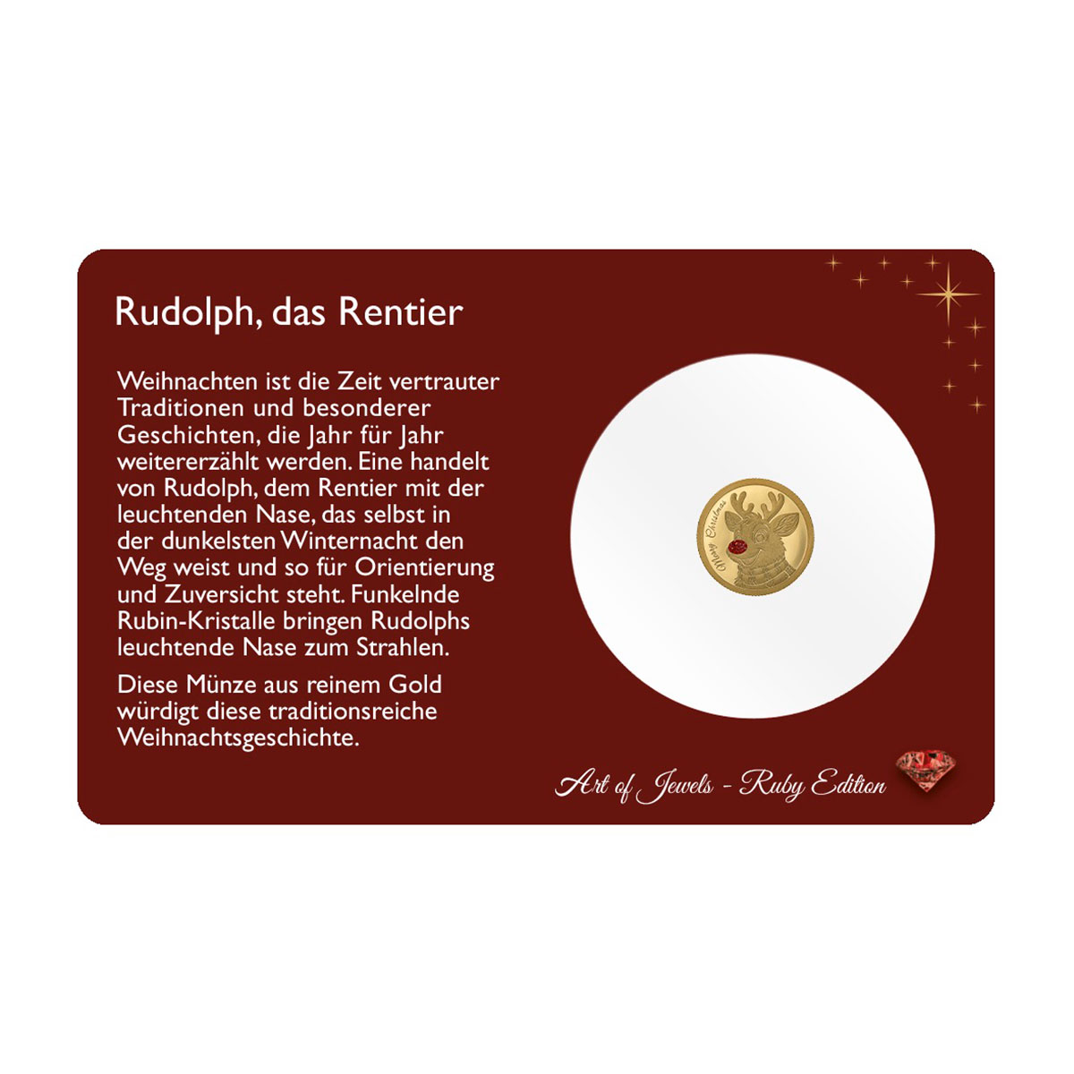 Weihnachtsgoldmünze Rudolph mit Rubinstaub