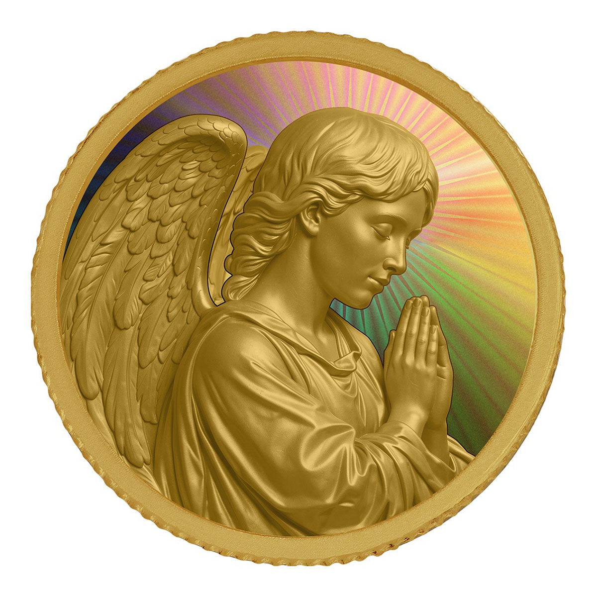 Goldmünze Engel mit Regenbogeneffekt im roten Samtsäckchen